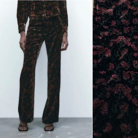 Zara The Charlotte Pant Black Floral Velvet *Size Large - Picture 1 of 12